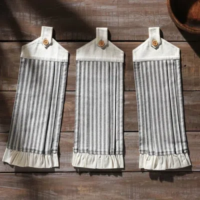 Vhc Brands Sawyer Mill Black Ticking Stripe Button Loop Tea Towel Set Of 3 In Black;white