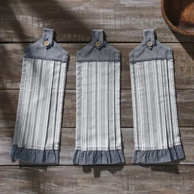 Vhc Brands Sawyer Mill Blue Ticking Stripe Button Loop Tea Towel Set Of 3 In Blue;white