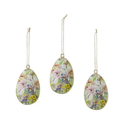 Vhc Brands Spring In Bloom Metal Floral Egg Ornament Set Of 3 4x2.5 In Yellow;pink;purple