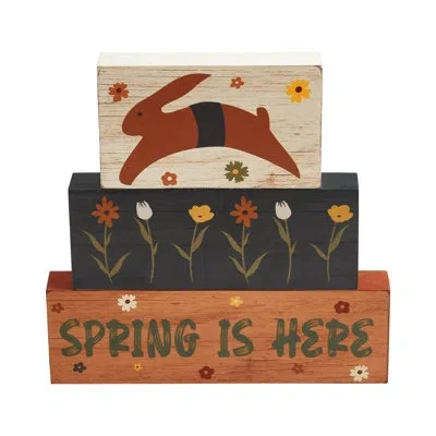 Vhc Brands Spring In Bloom Spring Is Here Bunny Leap W/ Flowers Mdf Block Sign Set Of 3 Sizes In Blue;brown;green