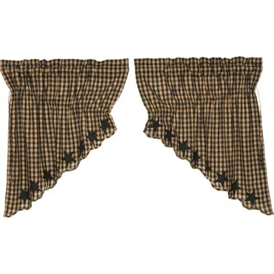 Vhc Brands Star Plaid Cotton Scalloped 36" Window Valance In Black