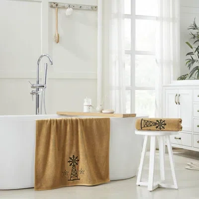Vhc Brands Timeless Linens Black Windmill & Stars Tan Bath Towel Set Of 2 27x54 In Black;tan