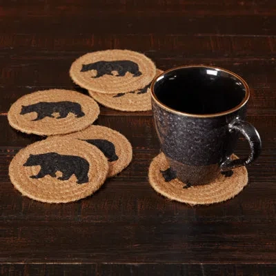 Vhc Brands Wyatt Stenciled Bear Jute Coaster In Black;tan