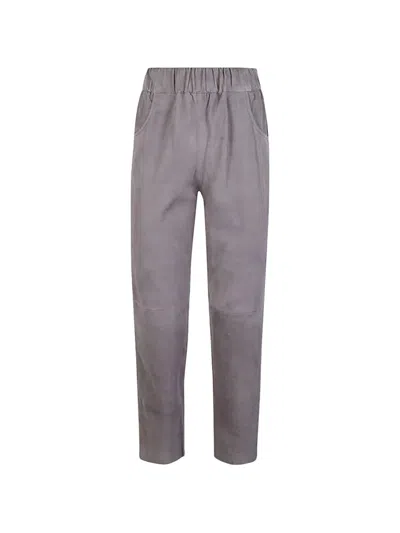 Via Masini 80 Elastic Waist Suede Trousers In Grey