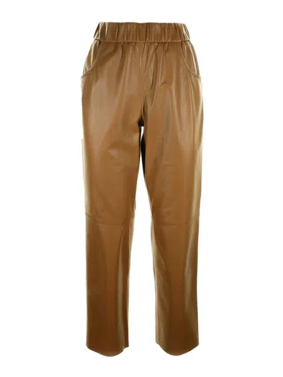 Via Masini 80 High-waisted Leather Trousers In Brown