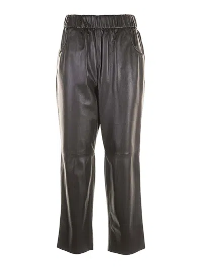 Via Masini 80 High-waisted Leather Trousers In Dark Brown