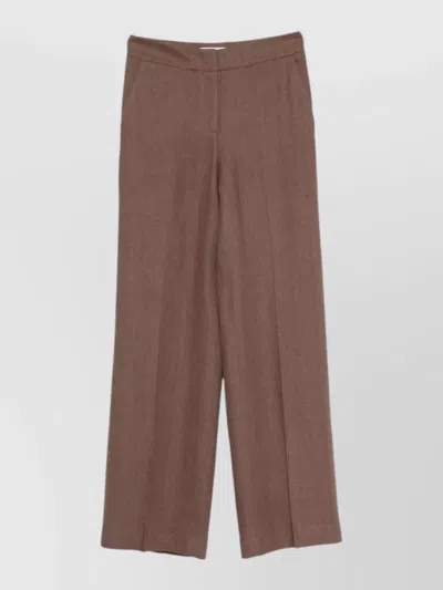 Via Masini 80 Linen Trousers Belt Loops Button Detail In Brown
