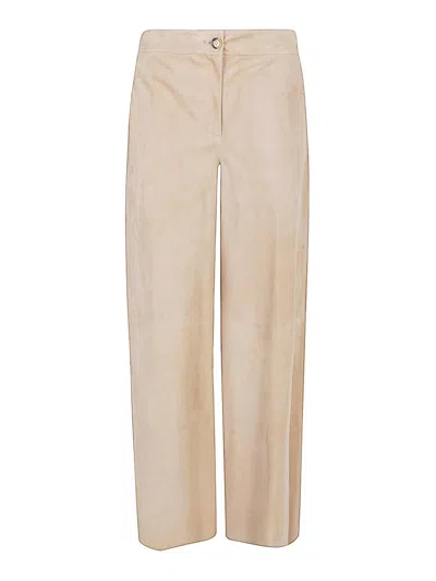 Via Masini 80 Suede Leather Trousers In Neutral