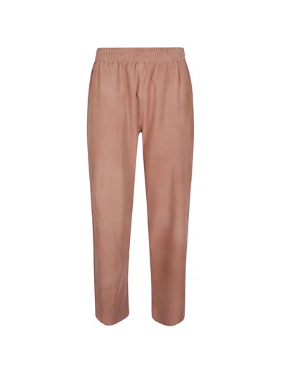 Via Masini 80 Suede Leather Trousers Elastic Waistband Wide Leg In Neutral