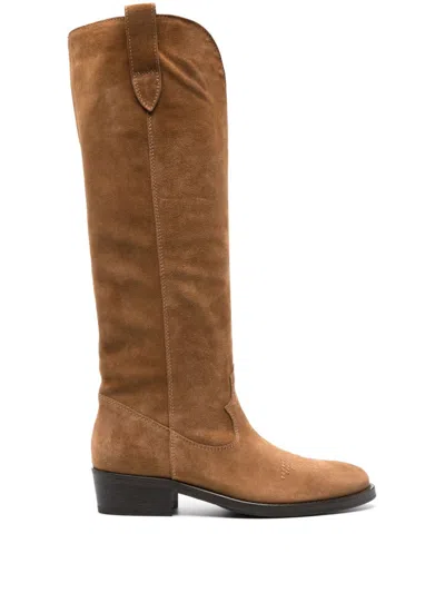 Via Roma 15 Suede Leather Tall Boots With Western-inspired Detailing In Brown