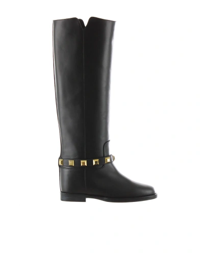 Via Roma 15 Black Boot With Studded Belt In 776 Nero