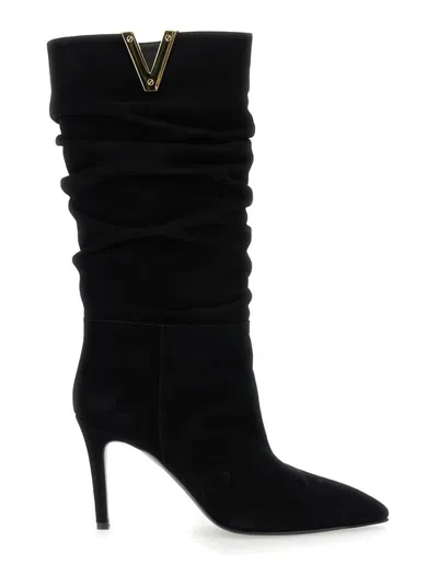 Via Roma 15 Black Heeled And V-detail Boots In Suede Woman