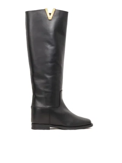 Via Roma 15 Logo-plaque Leather Boots In Black