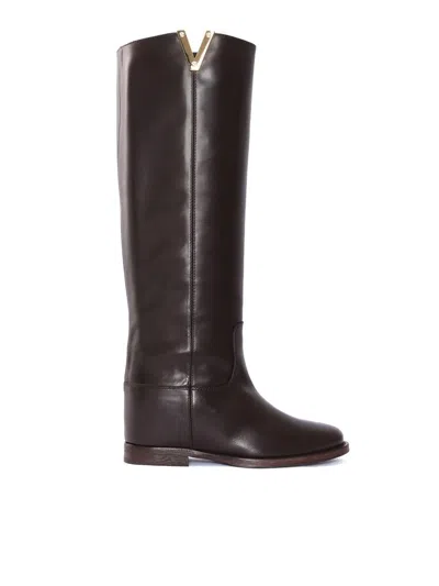 Via Roma 15 Pointed Toe V-cutout Leather Boots In Brown