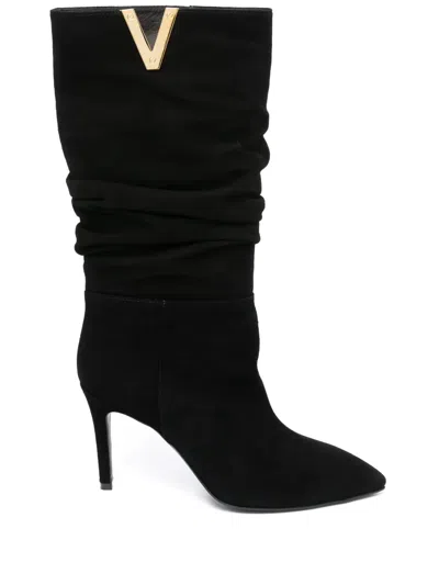 Via Roma 15 85mm Ruched Suede Boots In Black