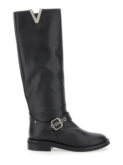 VIA ROMA 15 BLACK KNEE BOOTS WITH V-LATERAL DETAILING IN LEATHER WOMAN