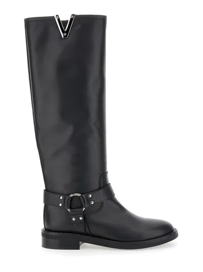 VIA ROMA 15 BLACK V-DETAILED KNEE BOOTS IN LEATHER WOMAN