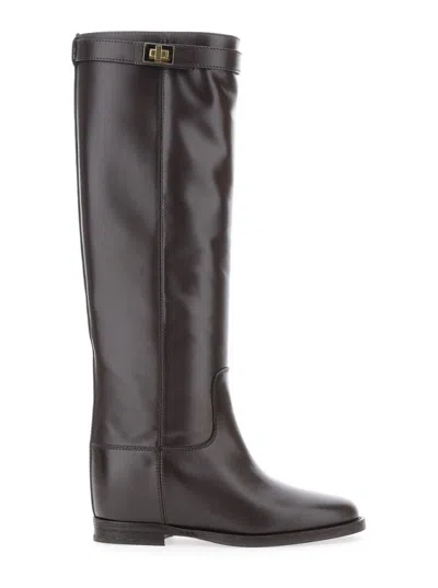 Via Roma 15 Brown Tall Boots With Decorative Buckle In Gray