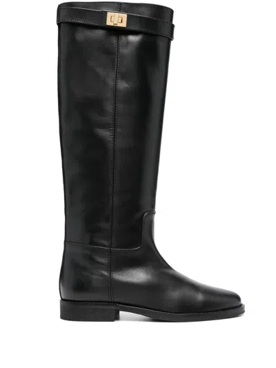 Via Roma 15 Tall Leather Boots With Metallic Lock Detail In Black