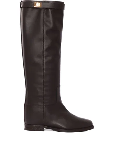 Via Roma 15 Tall Leather Boots With Decorative Strap In Brown
