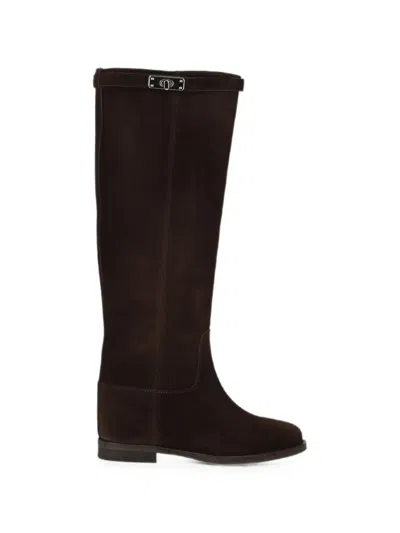 Via Roma 15 Buckle-detail Suede Knee-high Boots In Animal Print