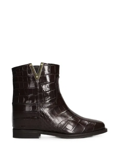 Via Roma 15 Croc-effect Internal Wedge-heel Ankle Boots In Burgundy