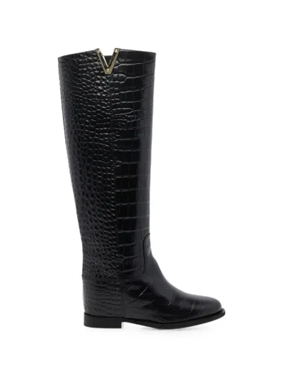 Via Roma 15 Croc-effect Knee-high Leather Boots In Black