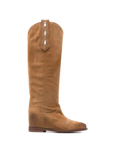 Via Roma 15 Embroidery Panel Boots In Brown