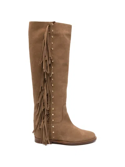 Via Roma 15 Fringe Studded Boots In Brown