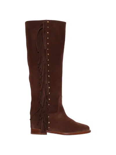 Via Roma 15 Fringed Stud-embellished Knee-high Boots In Brown