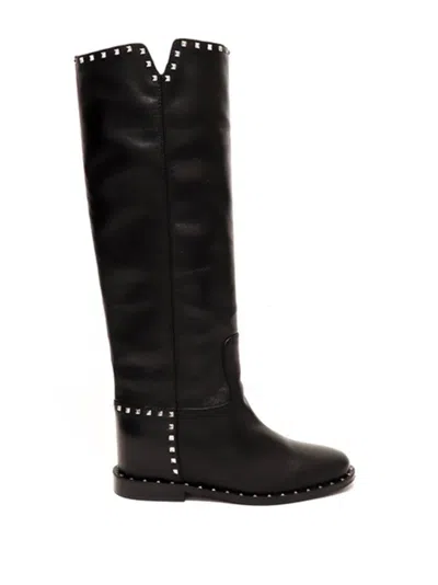 Via Roma 15 High Black Leather Boots With Silver Stud Accents In Multi