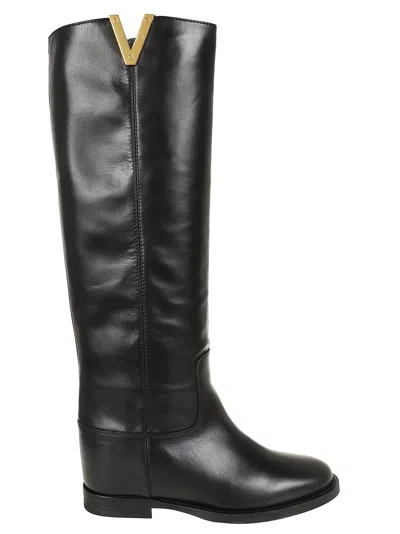 VIA ROMA 15 KNEE-HIGH BLACK CALFSKIN BOOTS WITH INTERNAL WEDGE