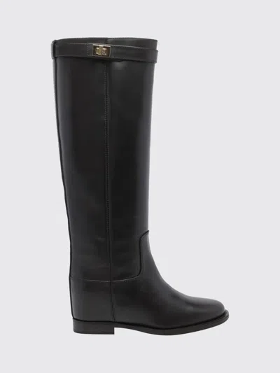 Via Roma 15 Knee-high Smooth Leather Wedge Boots With Strap Details In Black