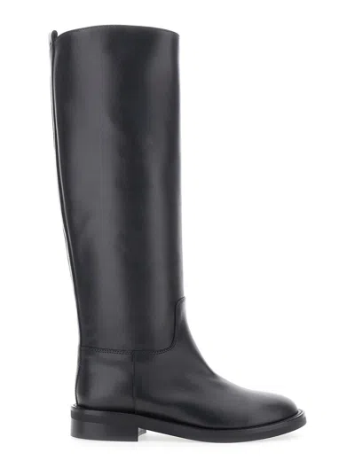 Via Roma 15 Leather Round Toe Slip-on Boots With Pull-tab In Black