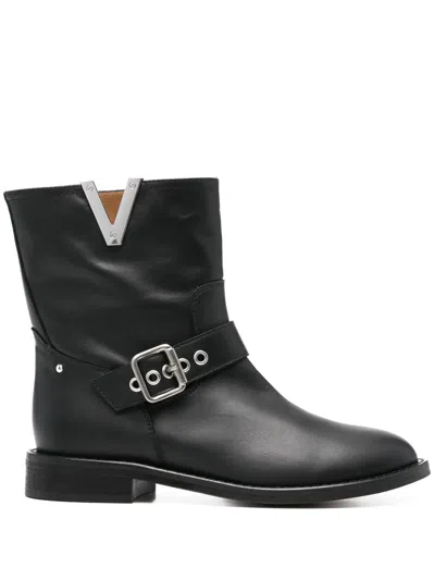 Via Roma 15 Logo-plaque Leather Boots In Black