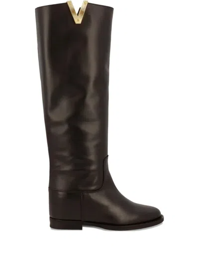 Via Roma 15 Metal Calf Leather Boots In Brown
