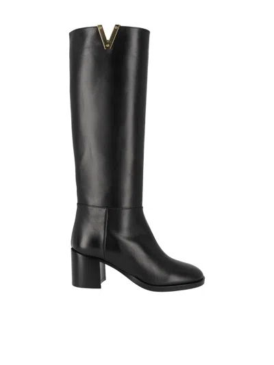 Via Roma 15 V-detail Leather Knee-high Boots In Black