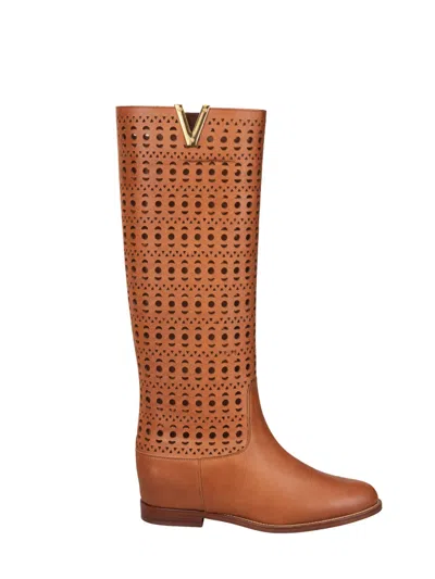 Via Roma 15 Perforated Knee-high Leather Boots In Brown