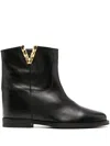 Via Roma 15 Black Leather Ankle Boot With Golden "v" Detail In Black