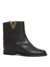 Via Roma 15 Black Leather Ankle Boot With Golden "v" Detail In Black