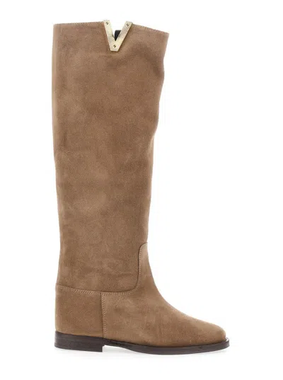 VIA ROMA 15 BEIGE KNEE-HIGH BOOTS WITH CUT-OUT ON THE SIDE AND LOGO PLAQUE IN SUEDE WOMAN
