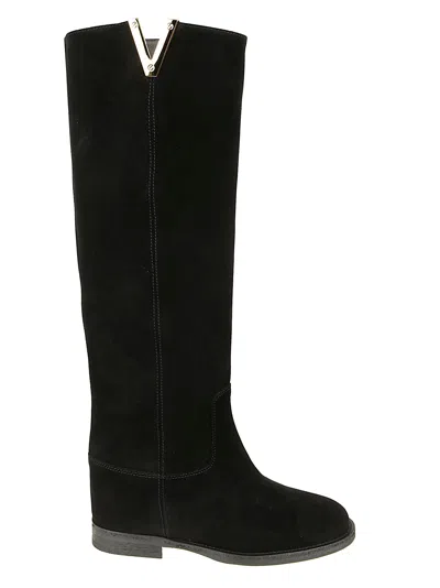 Via Roma 15 Tall Black Leather Ankle Boots With Metallic Accent