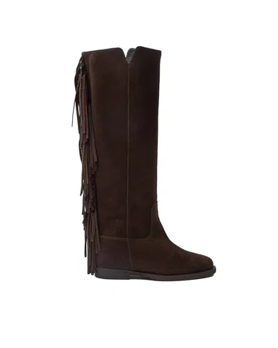 Via Roma 15 Stivale In Suede Con Frange Testa Di Moro In Brown