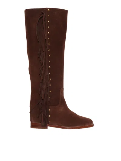 Via Roma 15 Stivale Zeppa Frangia + Borchiette In Brown