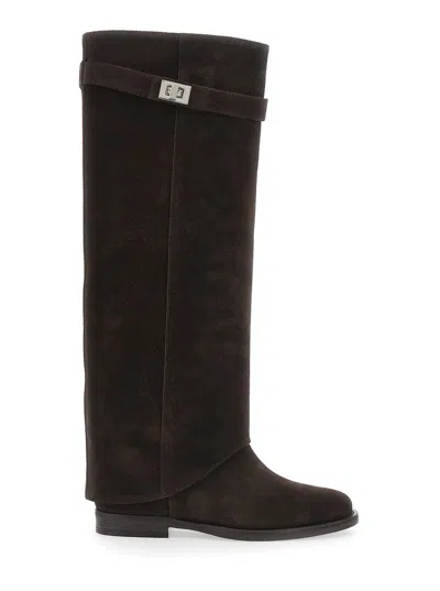 Via Roma 15 Suede Boot With Cuff And Padlock Detail, 3 Cm Heel In Brown