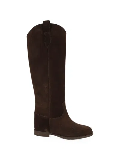 Via Roma 15 Velour Tall Suede Internal Wedge Embroidered Boots In Brown