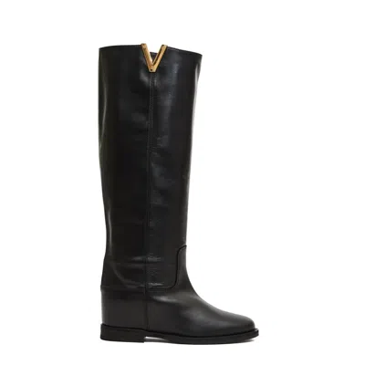 Via Roma 15 Tall Leather Boots With Gold V Accent And Wedge Heel In Black