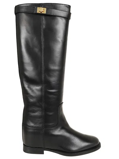 Via Roma 15 Tall Leather Boots With Hook-and-eye Detail In Black