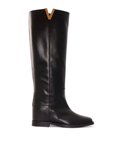Via Roma 15 Tall Leather Boots With V-cutout In Black
