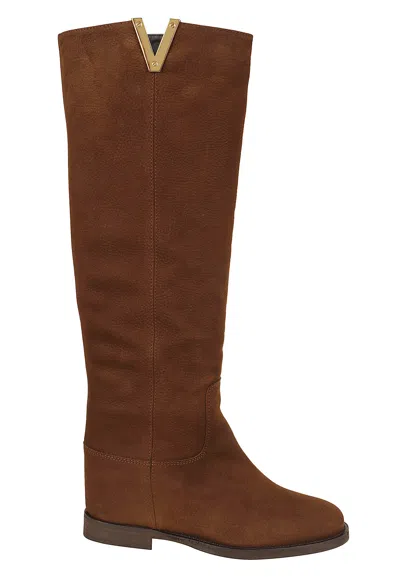 Via Roma 15 Tan Suede Internal Wedge V-detail High Boots In Brown
